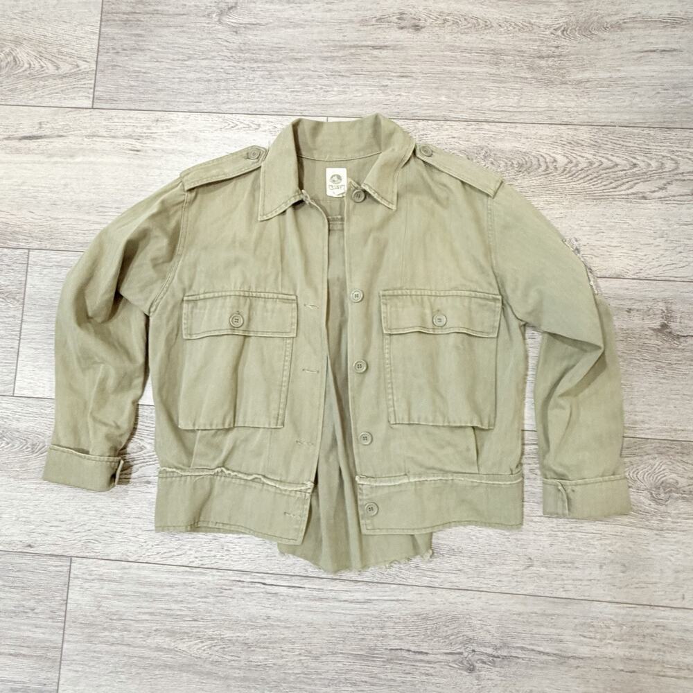 Anthropologie Tiny CLeo Army Green Military Jacket High Low Utility Embroidered